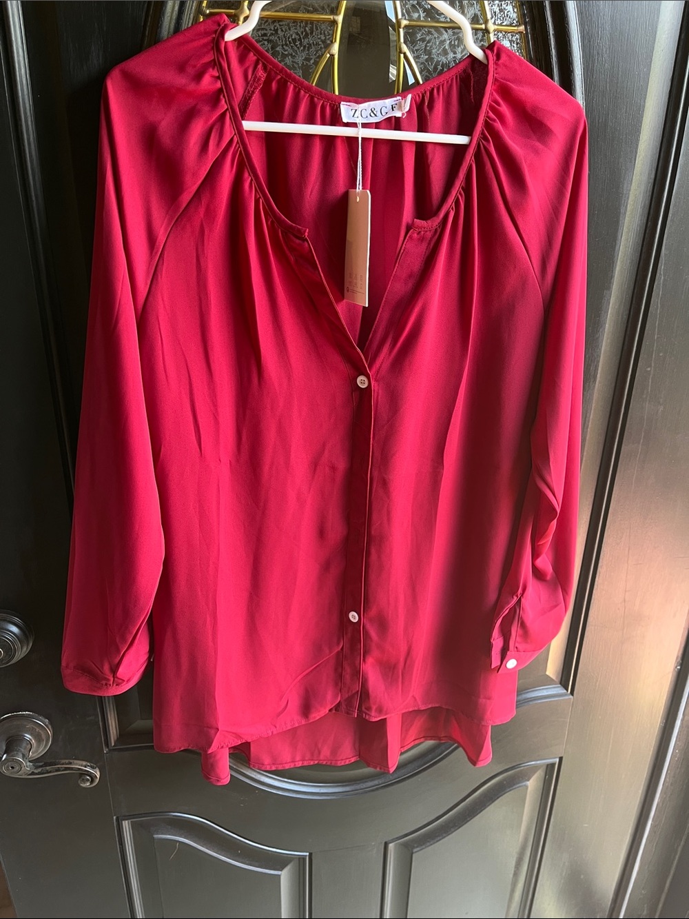 Deep RedLong-Sleeve Button Front Blouse